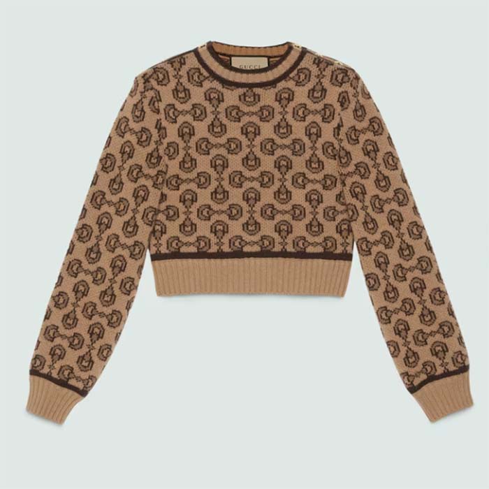 Gucci Women GG Horsebit Cashmere Jacquard Sweater Camel Brown Wool Crewneck
