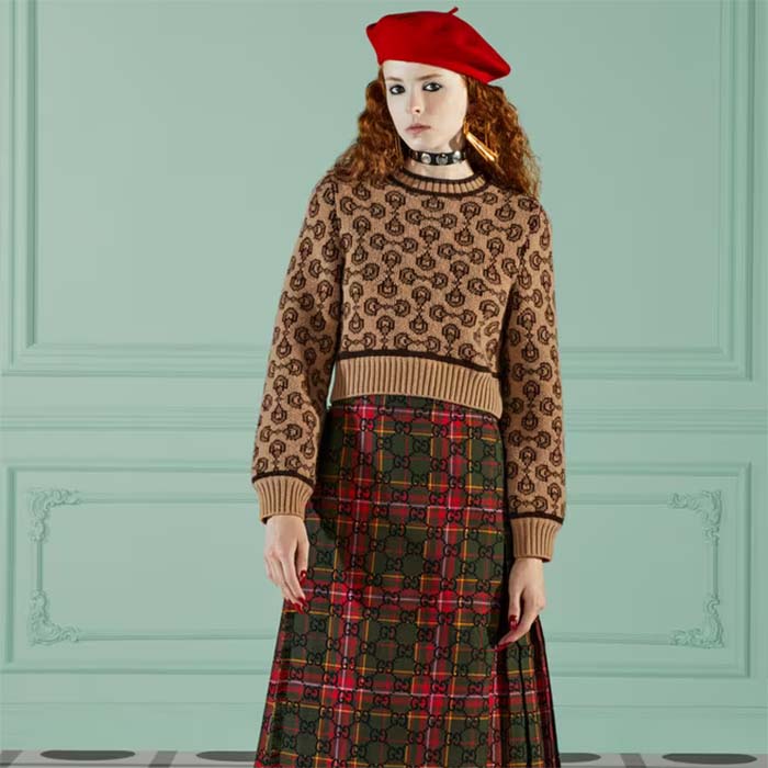 Gucci Women GG Horsebit Cashmere Jacquard Sweater Camel Brown Wool Crewneck