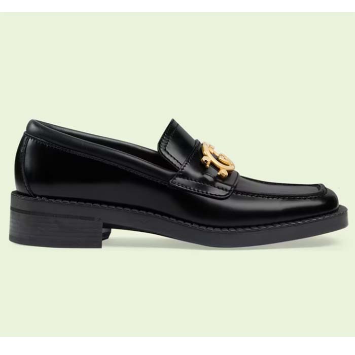 Gucci Women GG Loafer Interlocking G Shiny Black Leather Low 2.5 Cm Heel