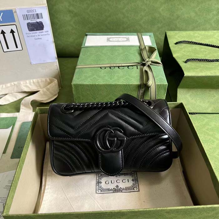 Gucci Women GG Marmont Mini Shoulder Bag Black Matelassé Chevron Double G Leather (3)