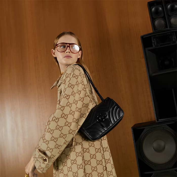 Gucci Women GG Marmont Mini Shoulder Bag Black Matelassé Chevron Double G Leather (8)