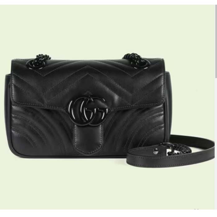 Gucci Women GG Marmont Mini Shoulder Bag Black Matelassé Chevron Double G Leather
