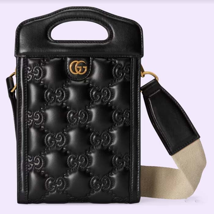 Gucci Women GG Marmont Top Handle Mini Bag Black Matelassé Leather Double G