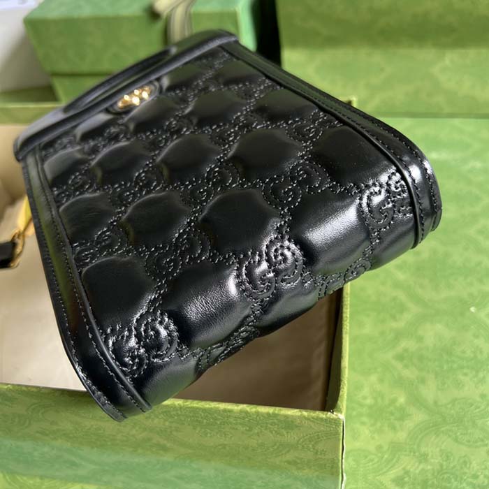 Gucci Women GG Marmont Top Handle Mini Bag Black Matelassé Leather Double G (10)