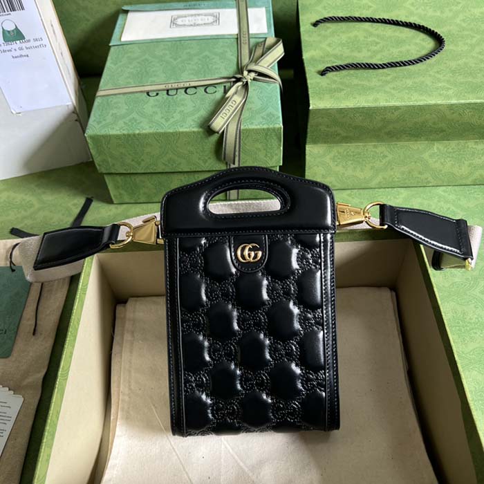 Gucci Women GG Marmont Top Handle Mini Bag Black Matelassé Leather Double G (2)