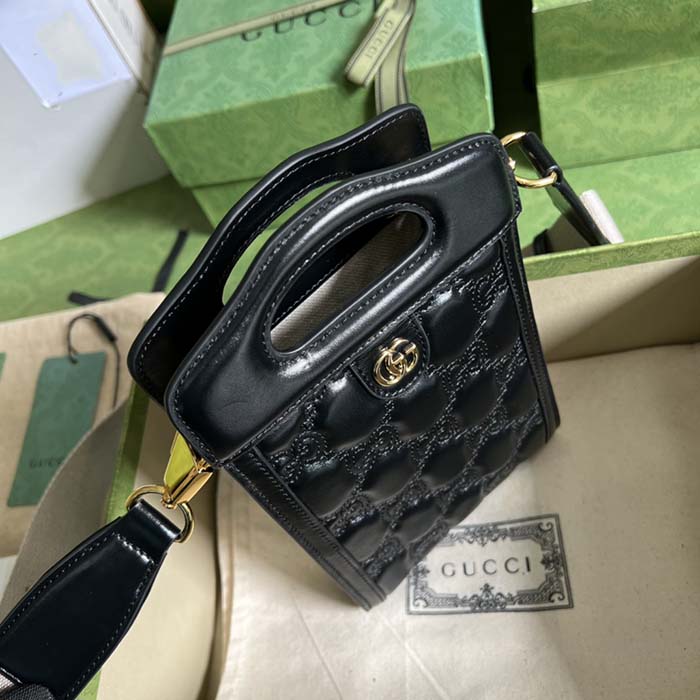 Gucci Women GG Marmont Top Handle Mini Bag Black Matelassé Leather Double G (3)
