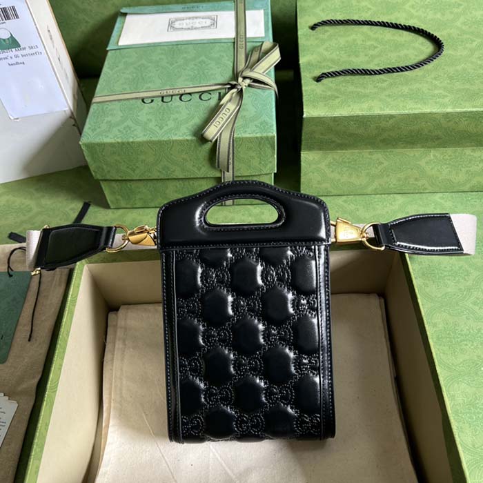 Gucci Women GG Marmont Top Handle Mini Bag Black Matelassé Leather Double G (4)