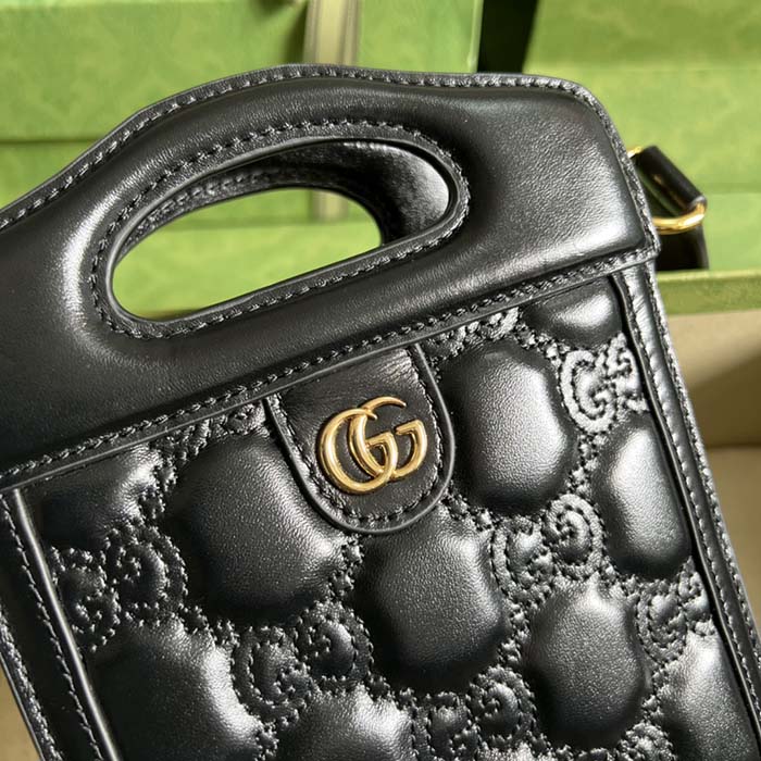 Gucci Women GG Marmont Top Handle Mini Bag Black Matelassé Leather Double G (8)
