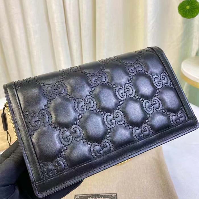 Gucci Women GG Matelassé Chain Wallet Black Leather Double G Chain Strap (1)