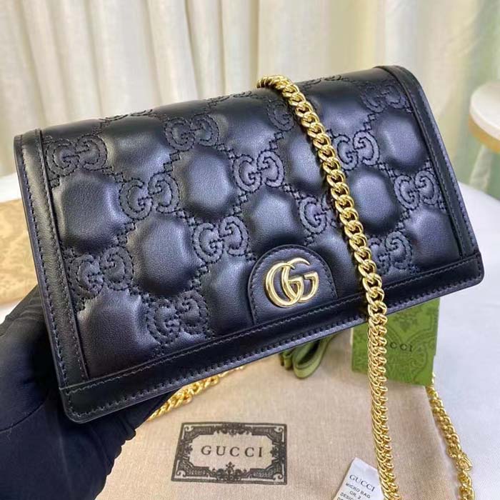 Gucci Women GG Matelassé Chain Wallet Black Leather Double G Chain Strap (2)