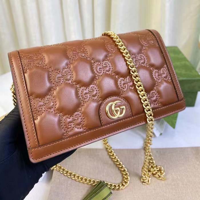 Gucci Women GG Matelassé Chain Wallet Brown Leather Double G Chain Strap (8)