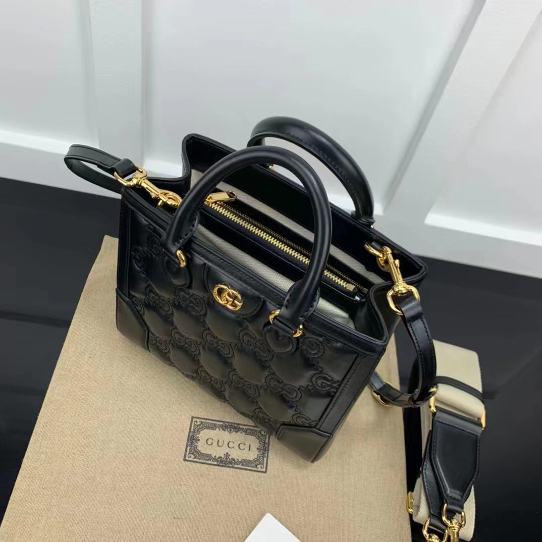 Gucci Women GG Matelassé Mini Top Handle Bag Black Leather Double G (11)