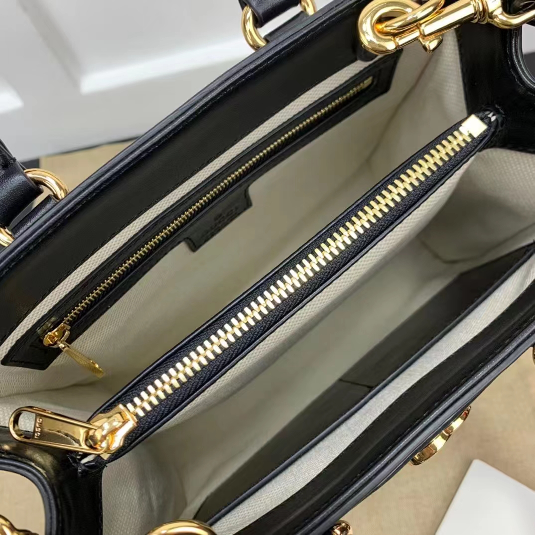 Gucci Women GG Matelassé Mini Top Handle Bag Black Leather Double G (6)