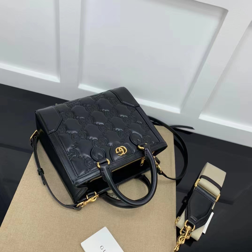 Gucci Women GG Matelassé Mini Top Handle Bag Black Leather Double G (9)
