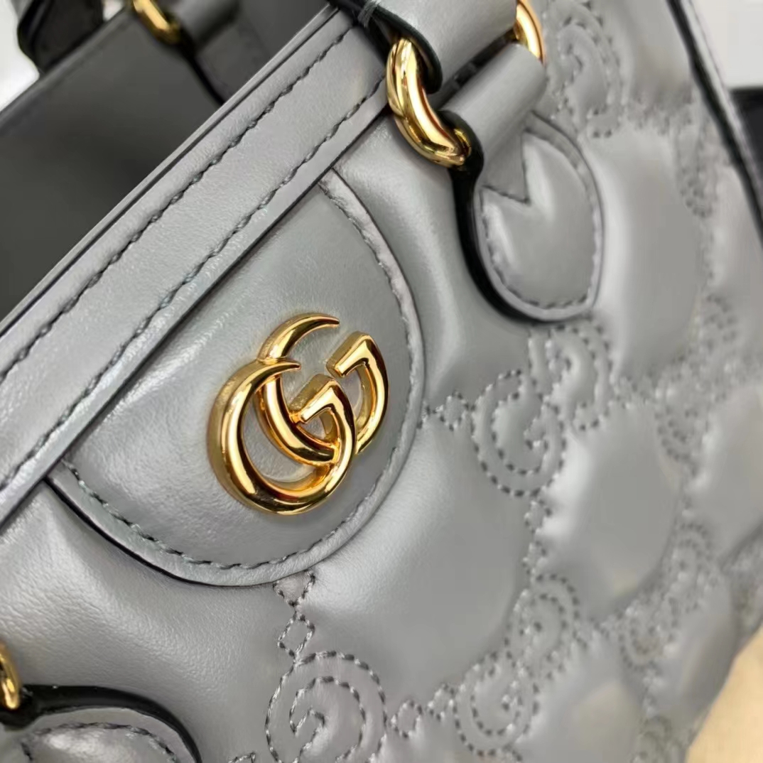 Gucci Women GG Matelassé Mini Top Handle Bag Dusty Grey Leather Double G (11)