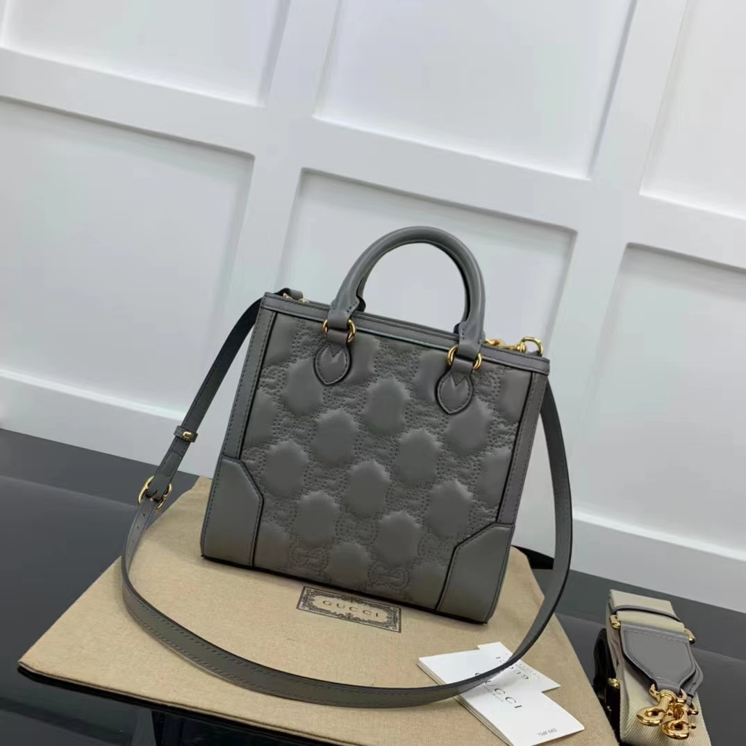 Gucci Women GG Matelassé Mini Top Handle Bag Dusty Grey Leather Double G (4)