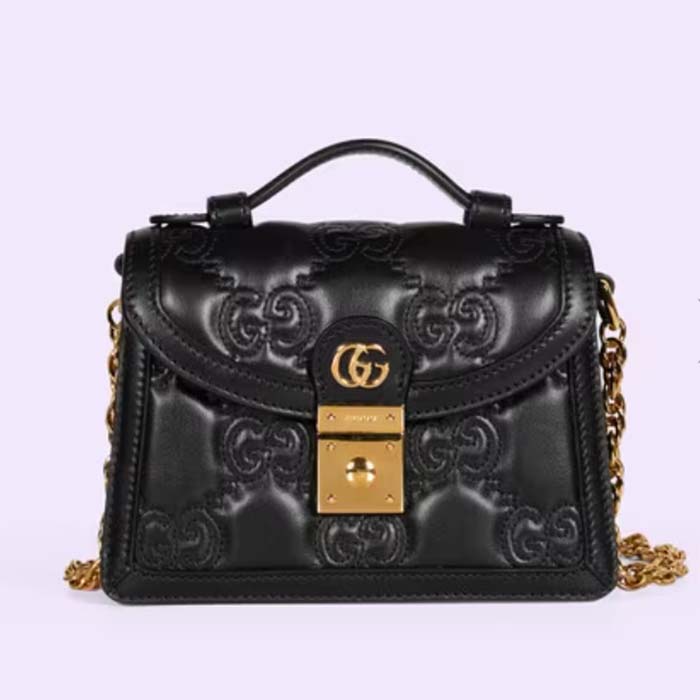 Gucci Women GG Matelassé Small Top Handle Bag Black Leather Double G