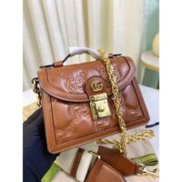 Gucci Women GG Matelassé Small Top Handle Bag Brown Leather Double G