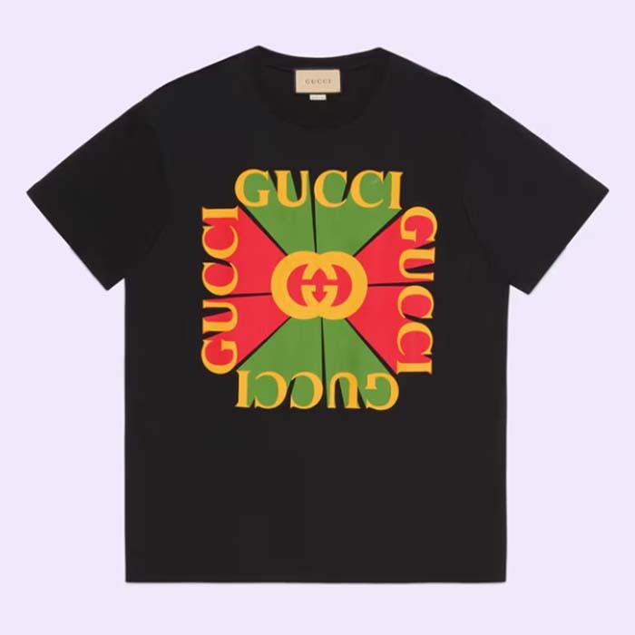 Gucci Women GG Vintage Logo Print T-Shirt Black Cotton Jersey Crewneck Short Sleeves