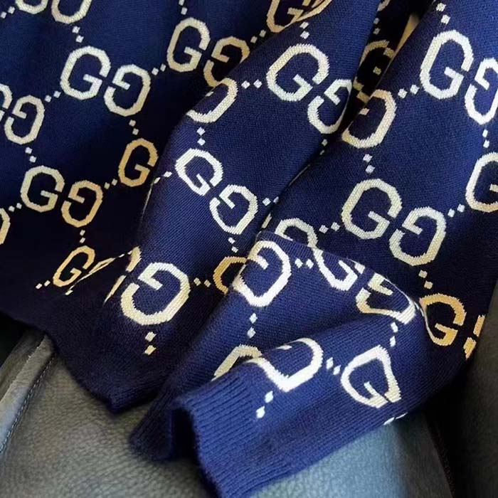 Gucci Women GG Wool Jacquard Sweater Blue Ivory Long Sleeves Crewneck (11)
