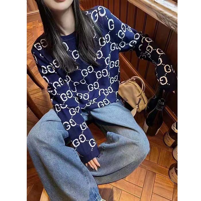 Gucci Women GG Wool Jacquard Sweater Blue Ivory Long Sleeves Crewneck (13)