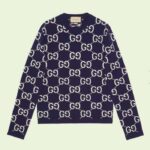Gucci Women GG Wool Jacquard Sweater Blue Ivory Long Sleeves Crewneck