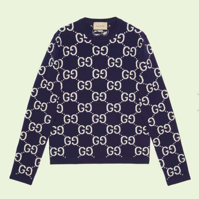 Gucci Women GG Wool Jacquard Sweater Blue Ivory Long Sleeves Crewneck