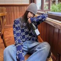 Gucci Women GG Wool Jacquard Sweater Blue Ivory Long Sleeves Crewneck (15)