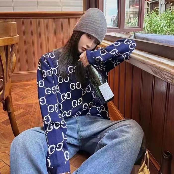 Gucci Women GG Wool Jacquard Sweater Blue Ivory Long Sleeves Crewneck (2)