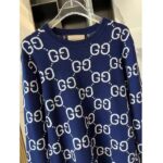 Gucci Men GG Wool Jacquard Sweater Blue Ivory Long Sleeves Crewneck - immagine 3