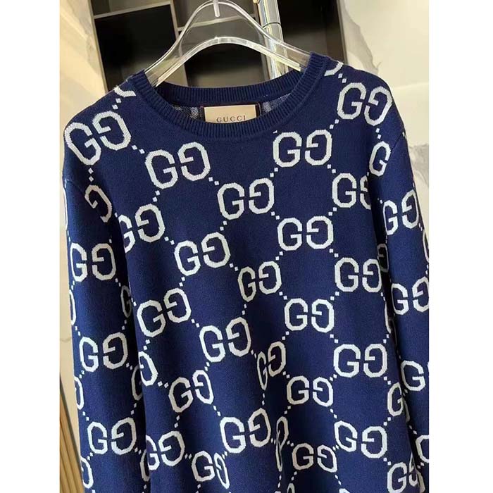 Gucci Women GG Wool Jacquard Sweater Blue Ivory Long Sleeves Crewneck (5)