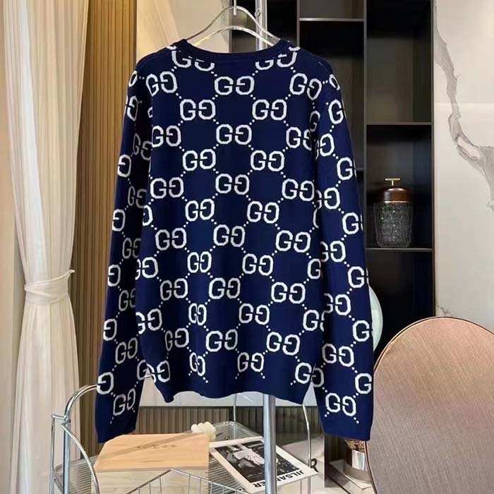 Gucci Women GG Wool Jacquard Sweater Blue Ivory Long Sleeves Crewneck (6)