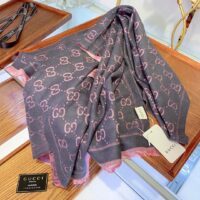 Gucci Women GG Wool Scarf Graphite Pink GG Fringe Edges (6)