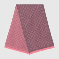 Gucci Women GG Wool Scarf Graphite Pink GG Fringe Edges