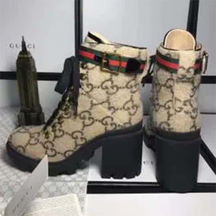 Gucci Women Gucci Zumi GG Wool Ankle Boot Beige Ebony GG Wool (11)