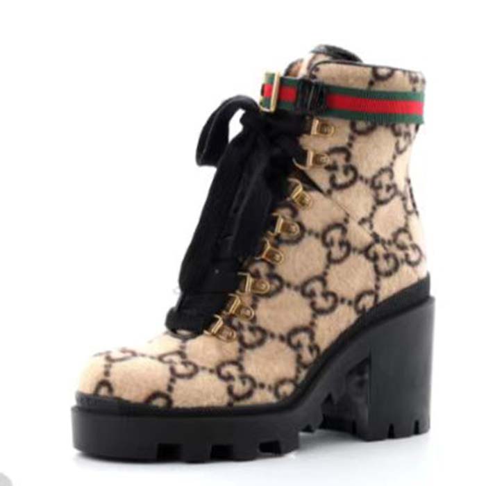 Gucci Women Gucci Zumi GG Wool Ankle Boot Beige Ebony GG Wool