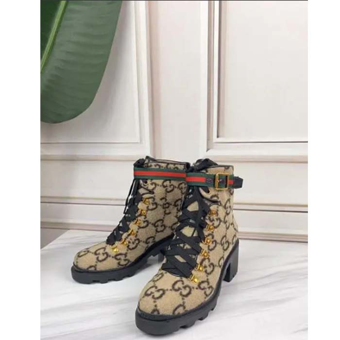 Gucci Women Gucci Zumi GG Wool Ankle Boot Beige Ebony GG Wool (6)