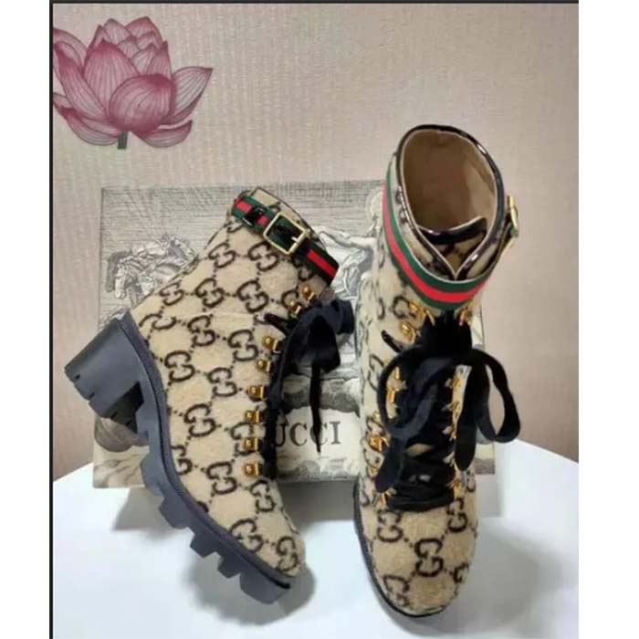 Gucci Women Gucci Zumi GG Wool Ankle Boot Beige Ebony GG Wool (7)