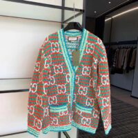 Gucci Women Maxi GG Cotton Cardigan Red Green Long Sleeves V-Neck (7)
