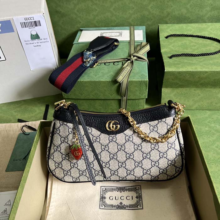 Gucci Women Ophidia GG Small Handbag Beige Blue GG Supreme Canvas Double G (10)