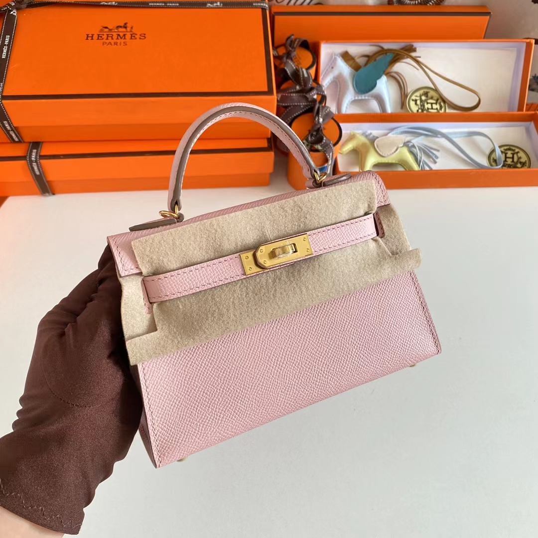 Hermes Women Mini Kelly 20 Bag Epsom Leather Gold Hardware-Pink (1)