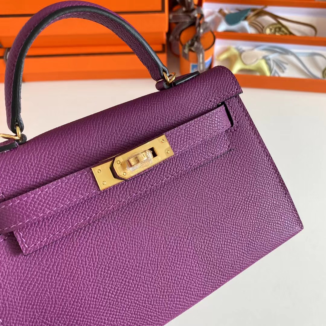 Kelly mini leather handbag Hermès Purple in Leather - 19378454