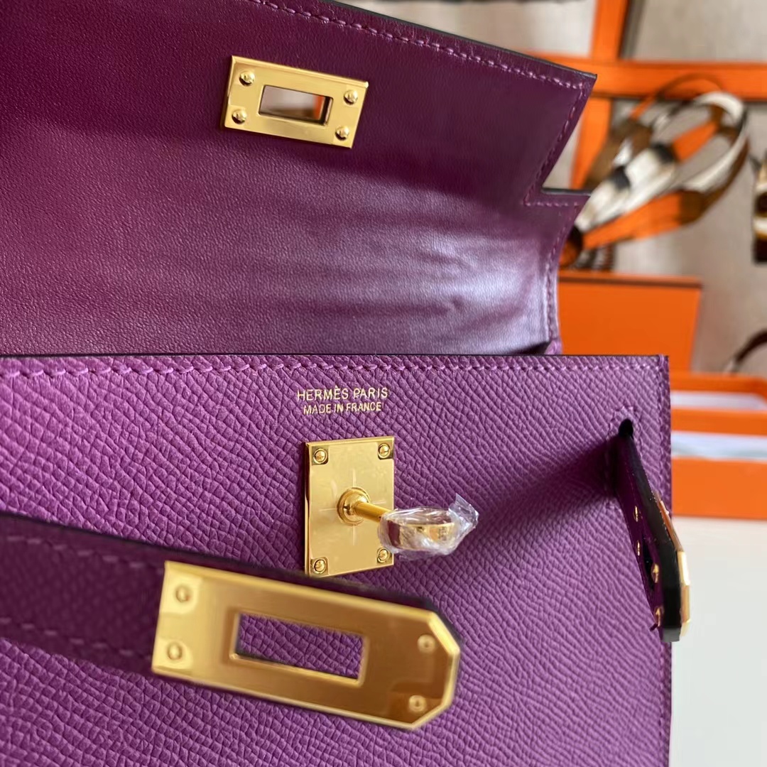 Kelly mini leather handbag Hermès Purple in Leather - 33195582