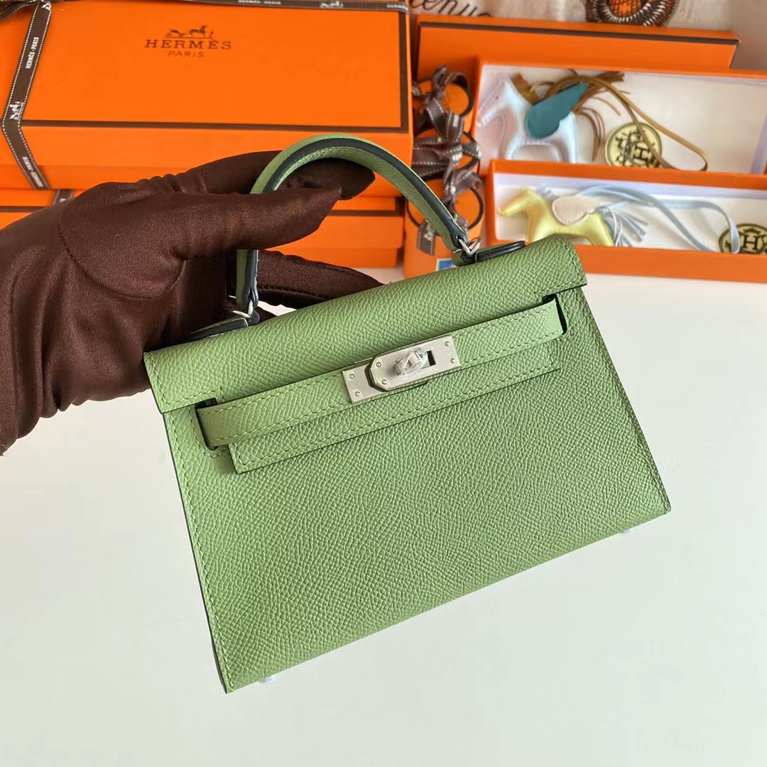 Hermes Women Mini Kelly 20 Bag Epsom Leather Silver Hardware-Light Green (1)