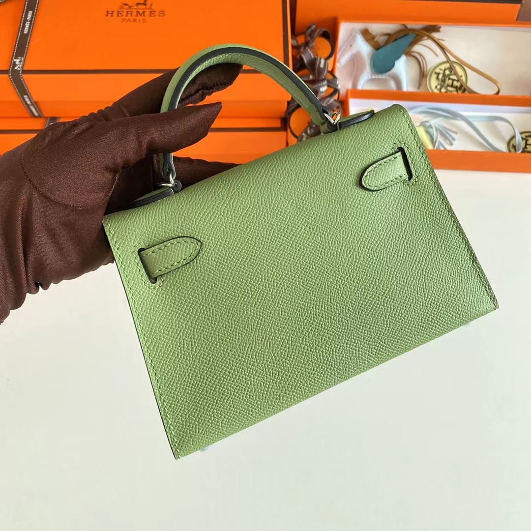 Hermes Women Mini Kelly 20 Bag Epsom Leather Silver Hardware-Light Green (11)