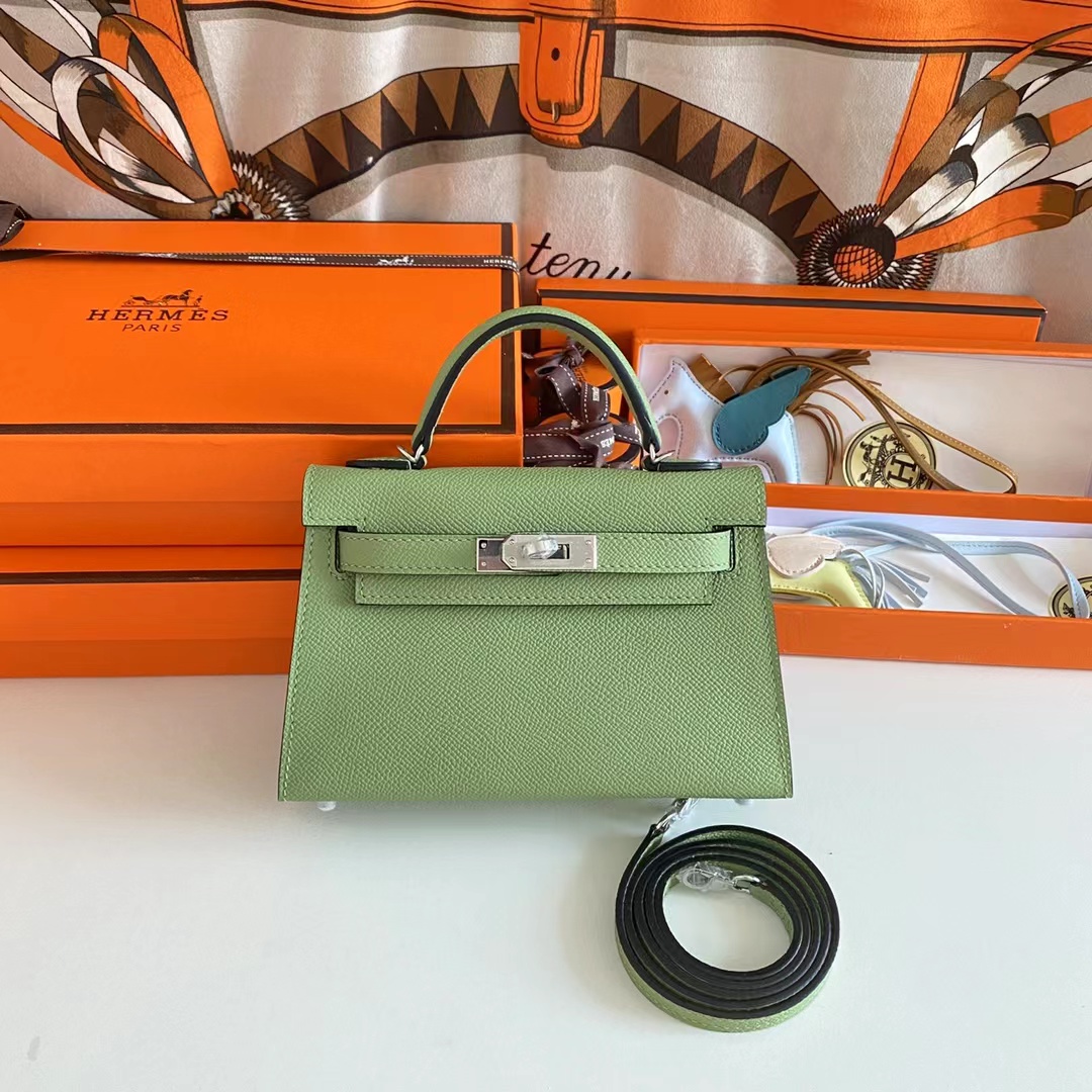 Hermes Women Mini Kelly 20 Bag Epsom Leather Silver Hardware-Light Green (2)