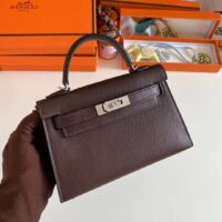 Hermes Women Mini Kelly 20 Bag Suede Leather Silver Hardware-Chocolate (4)