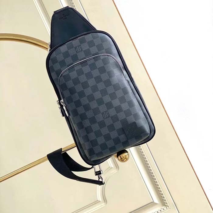 Louis Vuitton LV Unisex Avenue Sling Bag Grey Damier Graphite Coated Canvas Cowhide (14)