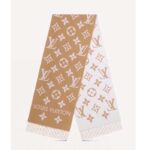 Sciarpa unisex essenziale Louis Vuitton LV in lana color sabbia con motivo monogramma a contrasto e firma