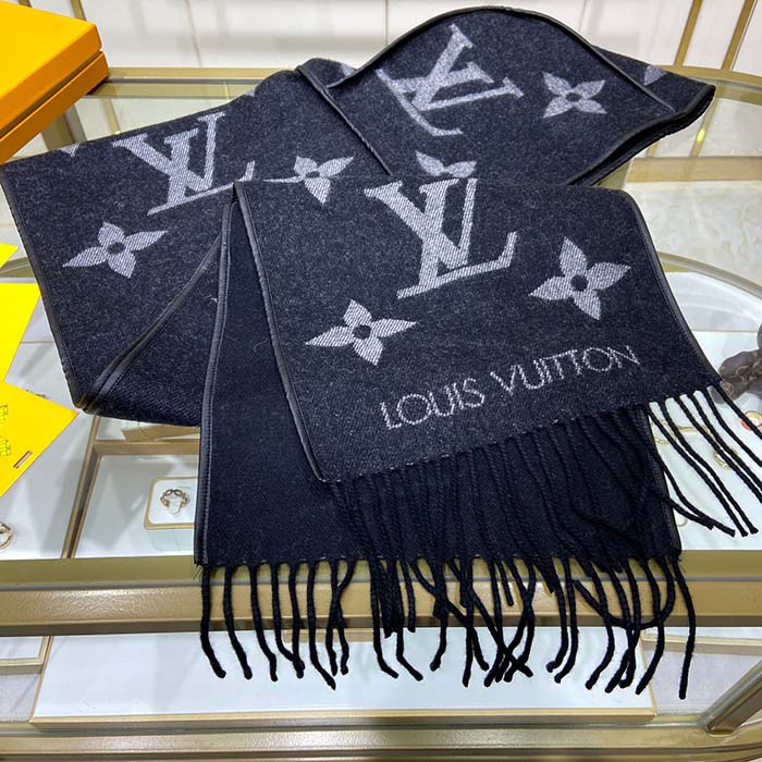 LOUIS VUITTON Cashmere Wool Monogram Scarf Black Brown 1124202